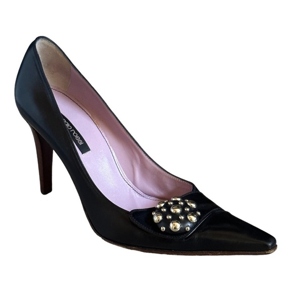 Sergio Rossi Black Studded Leather Pointed Toe Pumps Heels Size 7.5 EU 38 - Picture 1 of 10